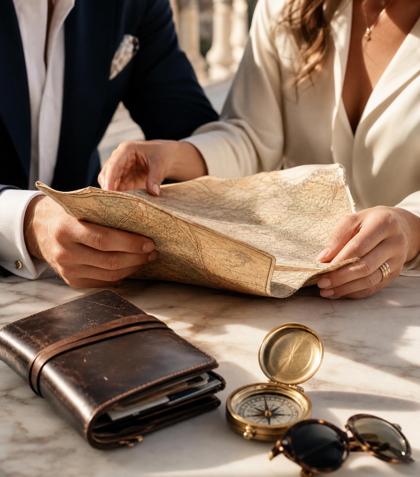 Casal elegante consultando um mapa de viagem sobre mesa de mármore