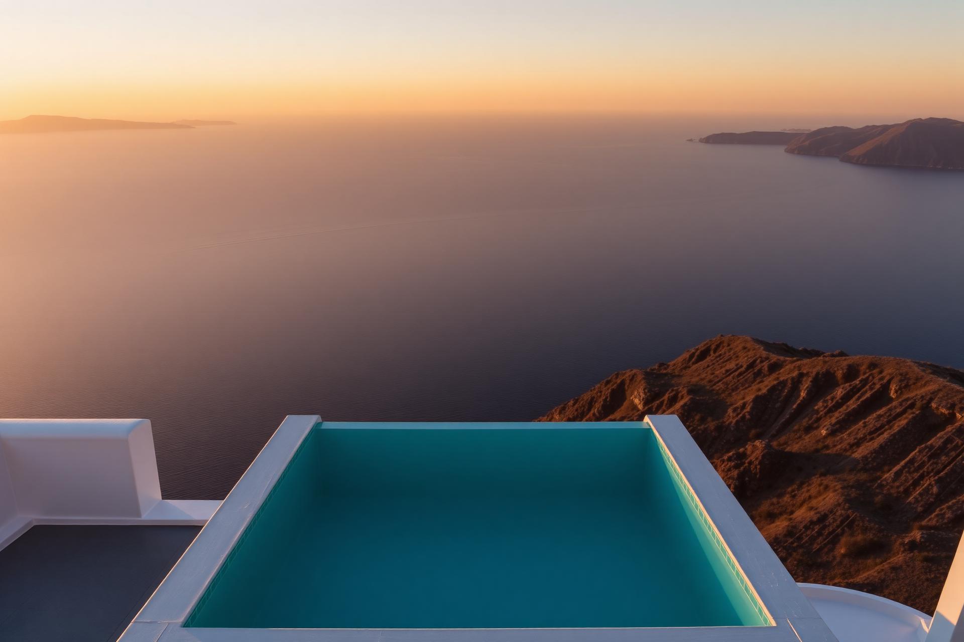 Vista de infinity pool ao pôr do sol em Santorini